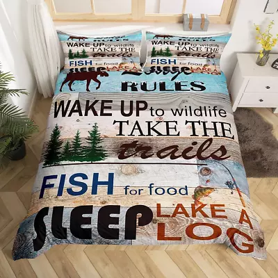 Rustic Lake Cabin Bedding Set Lake House Decor Camping Lodge Rules Duvet Cover  • $66.06