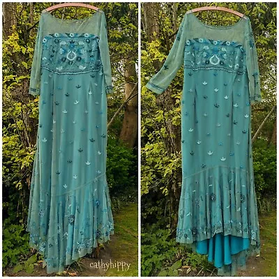 LONG TALL SALLY BEAD EMBROIDERED TULLE NET DRESS 20 SEA GREEN BOHO DECO 20s FAE  • £45