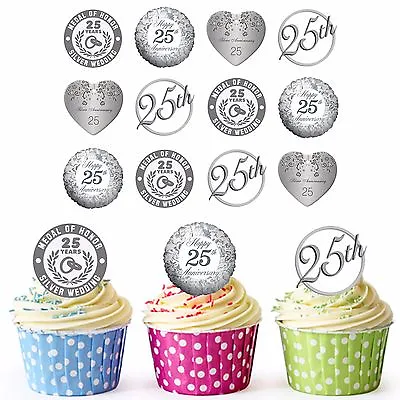 25th Silver Wedding Anniversary 24 Pre-Cut Edible Cupcake Toppers Decorations • £3.75