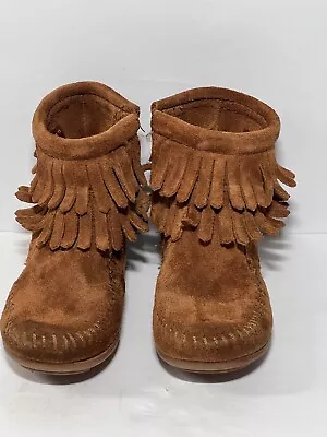 MINNETONKA Fringe Ankle Bootie Moccasins SIZE 8 Kids Zip Up Brown Leather • £15.81