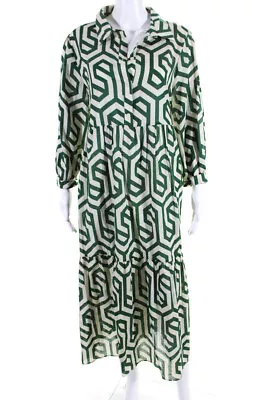 Zara Womens Long Sleeve Collared Abstract Midi Shirt Dress White Green Size XL • $34.99