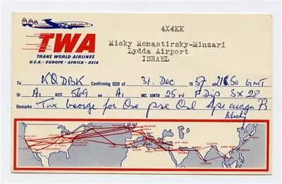 1957 QSL TWA World Route Map 4X4KK Lydda Airport ISRAEL Jubilee Marathon  • $14