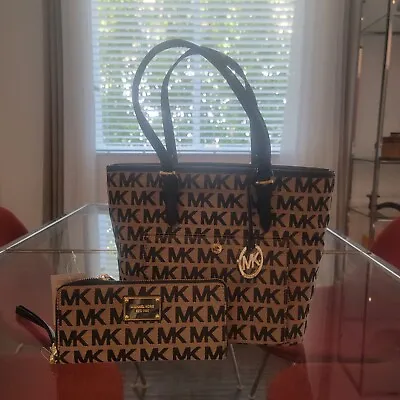 Michael Kors Monogram Tote Bag Purse Black/Beige Gold & Matching Wallet NEW TAGS • $149.99