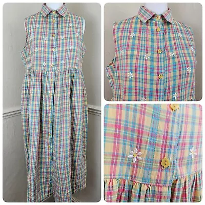 St Michael Plaid Gingham Embroidered Sleeveless Shirt Dress Pastel 90s Fits UK 8 • £19.99