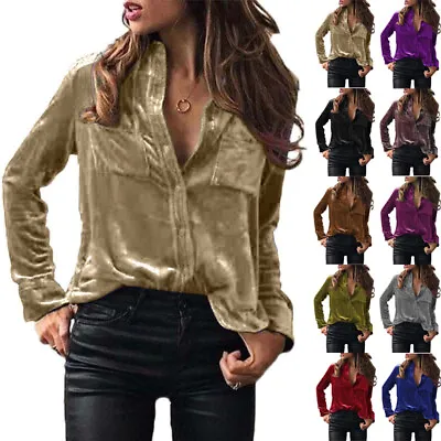 UK Womens Plain Tops Long Sleeve Velvet Button Tee Shirts Ladies Casual Blouse • £14.49