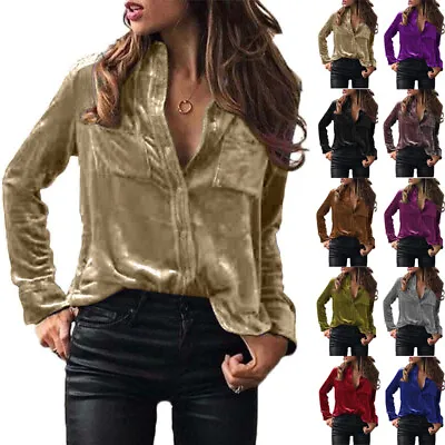 Women’s Plain Tops Long Sleeve Velvet Button Tee Shirts Ladies Casual Blouse UK！ • £16.99