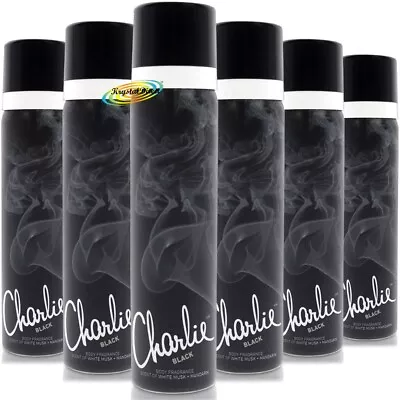 6x Charlie BLACK Body Spray Fragrance 75ml - White Musk + Mandarin • £12.21