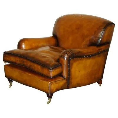 Restored Howard & Son's Style Signature Scroll Arm Style Brown Leather Armchair • £2950