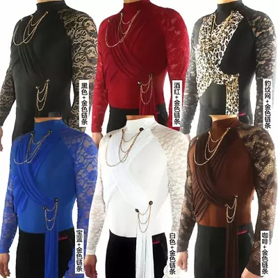 Latin Dance Shirt Men Lace Print High Collar Competition Performance Dancing Top • £140.02