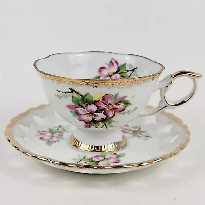 Ucagco Japan Porcelain Tea Cup & Saucer Pierced Border Gold Trim Pink Floral • $19.95