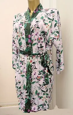M & S Satin Floral Print Robe Wrap Dressing Gown  6-8  Khaki Mix Marks Spencer • £11.99