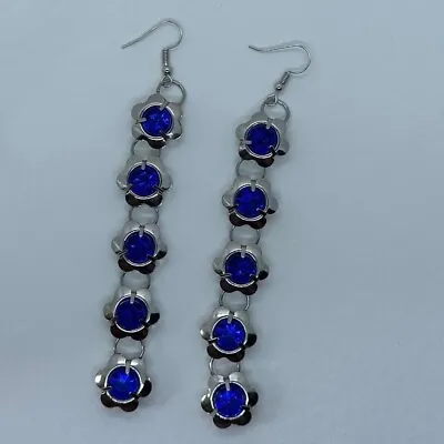 Flower Gem Earrings Light Weight Metal Earrings Acrylic Gems Blue 11.5 Cm Long • £12.99