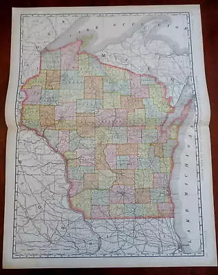 Wisconsin Madison Eau Claire Green Bay 1902 Rand McNally Large Map • $52