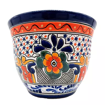 Talavera Pottery Planter Mexican Ceramic Flower Pot Blue Orange Hand Painted 7in • $38