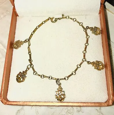 US Navy Anchor Charm Bracelet Sterling Silver Sweetheart Mom MOD WWI Vtg Antique • $145