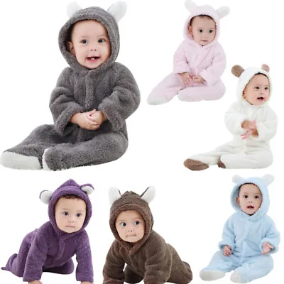 Newborn Baby Boy Girl Hooded Jumpsuit Bodysuit Romper Outfit Winter Warm Clothes • $19.12
