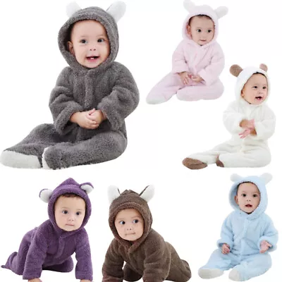 Newborn Baby Boy Girl Hooded Jumpsuit Bodysuit Romper Outfit Winter Warm Clothes • $19.12