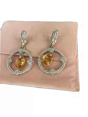 Couture Judith Ripka Citrine & Diamond Dangle SS & 18kt Solid Gold Earrings RARE • $699