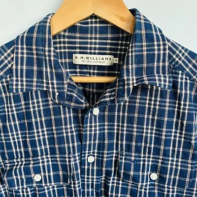 RM Williams Mens Dark Blue Short Sleeve Button Up Shirt Plaid Size M Checkered • $43