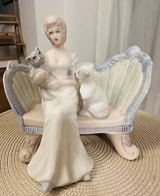 Vintage Porcelain Lady On Bench With Cats  EUC 7.25 Inch Tall • $39.99