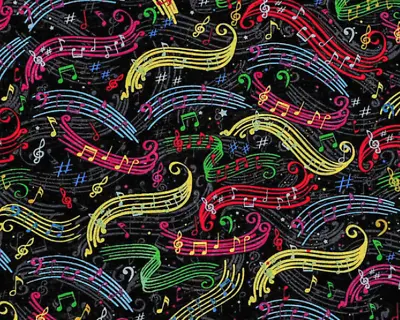 BTY COLORFUL MUSIC On Black Print 100% Cotton Quilt Craft Fabric By YARD • $10.29