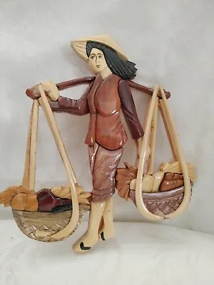 Wood Sculpture Hand Carved Depicting A Woman Carrying 2 Baskets Of Fruits &... • $22.57