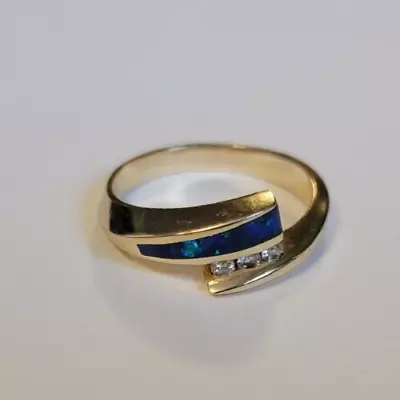 14kt Yellow Gold Art Deco Blue Opal And 3 Channel Set Diamonds Vintage Ring Sz 7 • $375