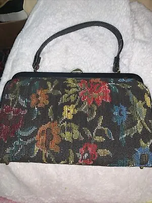 Vtg Kadin Floral Tapestry Purse Handbag Leather? Handle Latch Lock Made In USA • $26.90