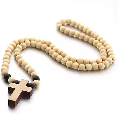 Wooden Cross Pendant Necklace - Wood Beads Cross Religion Necklace For Women Men • $13.96