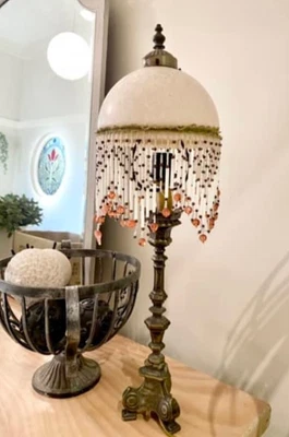$150 • Buy Antique Belgium Tiffany Table Lamp Brass Glass Dome With Fringe Tall