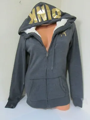 Bling VICTORIA SECRET PINK Gold Foil FUR LINED SWEAT SHIRT JACKET HOODIE XS Or M • $109.99