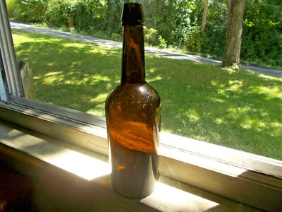 $63 • Buy DYOTTVILLE GLASS WORKS PATENT EMB 3 PC MOLD WHISKEY BOTTLE OLIVE AMBER 1860s DUG