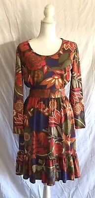 Vintage 70’s Dress Short Knit Floral Orange Purple MOD Retro Size 12 Medium • $50