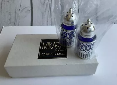 Vintage MIKASA  Silver Plate 2 3/8” Cobalt Blue Glass Salt Pepper Shakers REGENT • $24.99