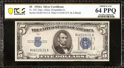 1934 A $5 Bill Silver Certificate Blue Seal Note Unc Paper Money Pcgs 64 Ppq • $79