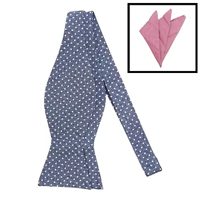 Mens BOW TIE SELF TIE 100% Silk Navy White Dots Adjustable Bowtie POCKET SQUARE • $12.87