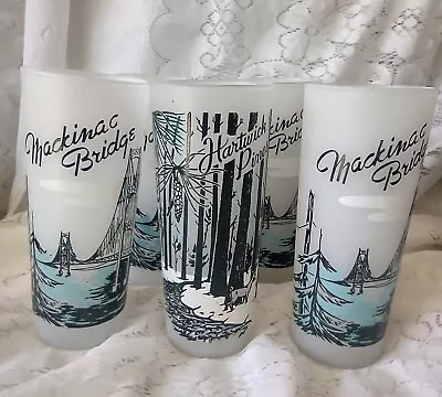 Frosted Vintage Mackinaw Bridge And Hardwick Pines Souvenir Glasses.  Group Of 5 • $48