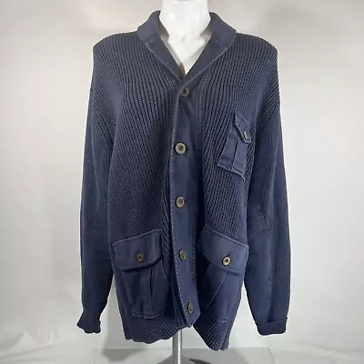 Orvis Wool Mens Large Navy Elbow Patch Chunky Fisherman Cardigan Sweater • $35