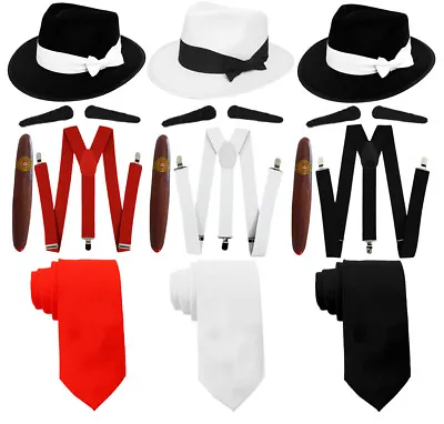 Mens Gangster Fancy Dress 1920's Mafia Trilby Hat Braces Tie Spiv Cigar Set  • £14.99