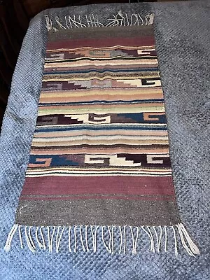 $59.99 • Buy Vintage Mexican Hand Woven Wool Zapotec Rug With Fringe 23  X 41 