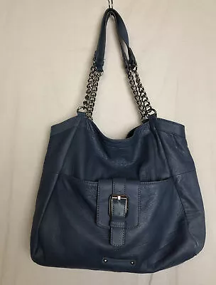 B. Makowsky Genuine Leather Blue Shoulder Bag W/ Silver Tone Chain Link Detail • $34.99