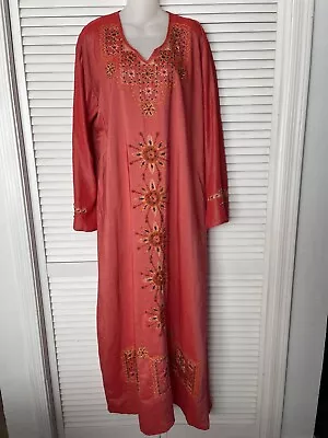 Embroidered Beaded Silk Kaftan V-Neck Hostess Mumu Evening Dress Cinnabar Red 3X • $69.96