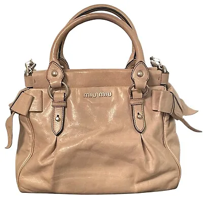 MIU MIU Bag Bow Vitello Lux Top Handle Cross Body Cream Calfskin Leather Bag • $200.28
