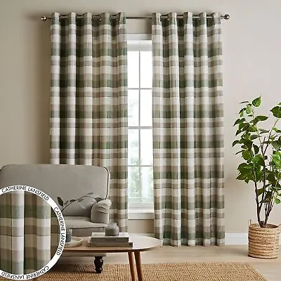 Catherine Lansfield Brushed Cotton Thermal Check Eyelet Curtains Green • £19.99