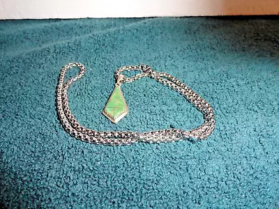 Native Amer Sterling Silver Pendant Inlay Green Turquoise 18  Stainless Chain • $59.50