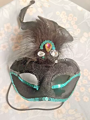 Masquerade Venetian Mask W/ Black Feather Sequin Rhinestone Embellishments NWOT • $14.99