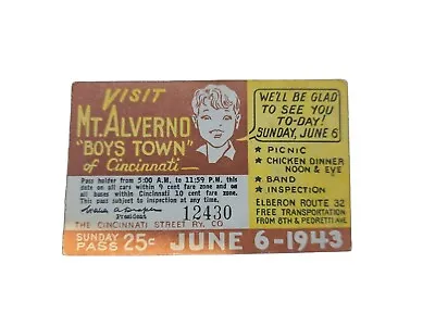Vtg. Cincinnati Street Railway Co Train Ticket  1943 Mt. Alverno Boys Town Adv. • $15