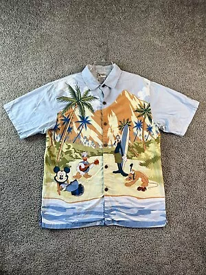 VINTAGE 90s Disney Hawaiian Shirt Mens M Blue Surfing Cast Hang Loose Button Up • $59.99