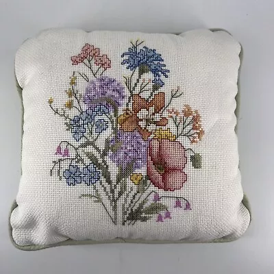 Vintage Hand Embroidered Cross Stitch Small Throw Pillow Spring Florals • $19.40