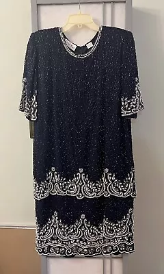 Laurence Kazar 2X Blue Silver Sparkly Beaded Evening Navy Dress Size Vintage XL • $39.99